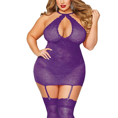 

Toponeto Women Sexy Halter Plus Size Lace Lingerie Keyhole Babydoll Chemise with Garters