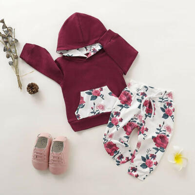 

2019 Newborn Baby Girl Rose Printing Hooded Tops Long Pants 2pcs Outfits Set