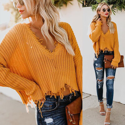 

Nomeni Women V-Neck Long Sleeve Knitted Pullover Loose Sweater Jumper Short Tops