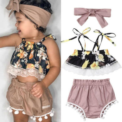 

Summer Toddler Baby Girl Clothes Flower Lace Tops Crop Shorts 3PCS Outfits Set