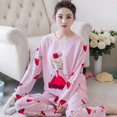 

Womens Printed Pajama Set Long Sleeve Tops Elastic Pants Sleepwear Nightwear