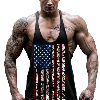 

Toponeto Men Flag Printed Sports Vest Striped Splice Large Open-Forked Male Vest