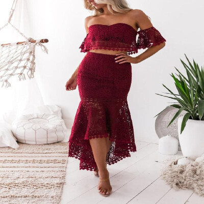 

Solid Trim Backless Off-the-Shoulder Busty Overlay Guipure Lace Pencil Dress