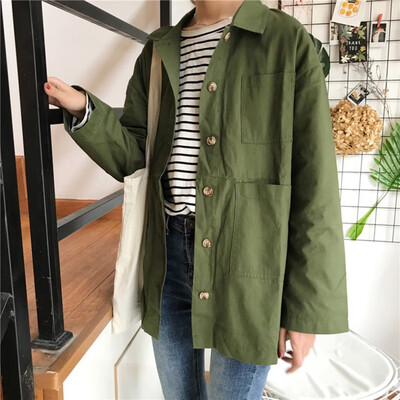 

Fashion Solid Single-Breasted Women Jacket Spring Autumn Turn-down Collar Long-Sleeved Casual Coat Big Pocket Loose Outerwear