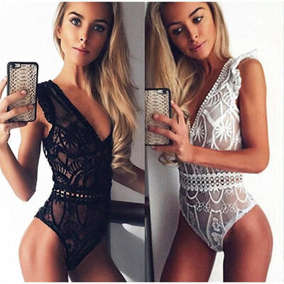

Sexy Perspective Deep V Lace Bodysuit Women Summer Hollow Out Mesh Bodycon Jumpsuit Body Overalls