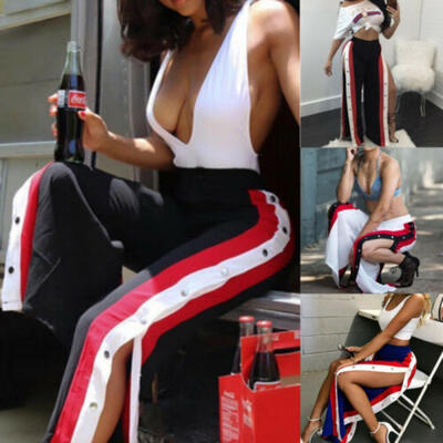 

Newly Womens Cut off Split Side Buttons Wide Leg Jogger Pants Casual Trousers