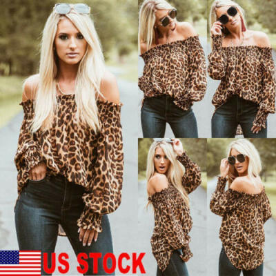 

Women Leopard Print Long Sleeve Off Shoulder Loose T Shirt Casual Blouse Tops