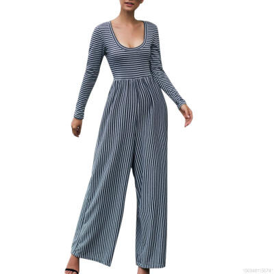 

Women Jumpsuit U-neck Long-sleeved Wide-leg Pants Striped Jumpsuit Jumpsuit Wide-leg Pants