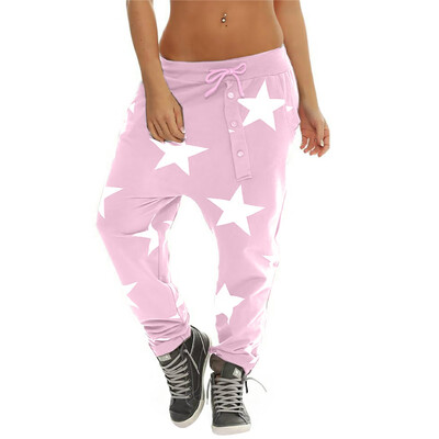 

Womens Button Mid Waist Loose Baggy Harem Sport Trousers Star Print Pants