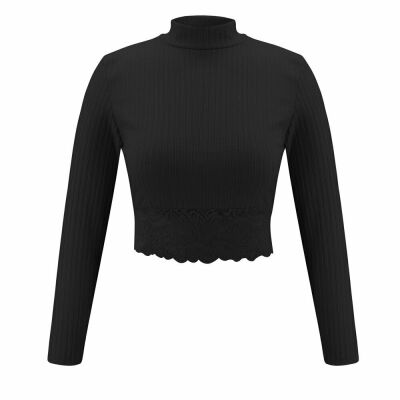 

Women Ladies High Collar Lace Crop tops T-Shirt Long Sleeve Slim Top Bodysuit