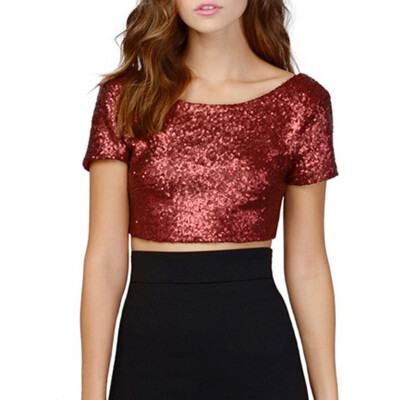 

Sexy Backless Tops Women Spring Summer O-neck Short Sleeve Sequined Lady Shirt