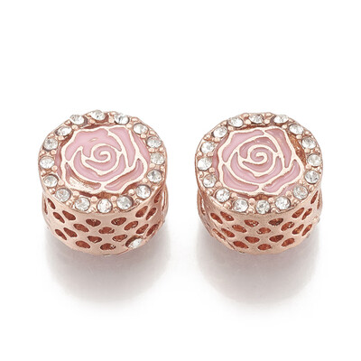 

Alloy Enamel European Beads with Rhinestone Hollow Large Hole Beads Flat Round with Flower Pink Rose Gold 12x8mm Hole 5mm