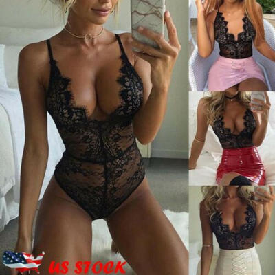 

Women Lingerie Deep V Neck Lace Jumpsuit Babydoll Sleepwear Underwear Bodysuit