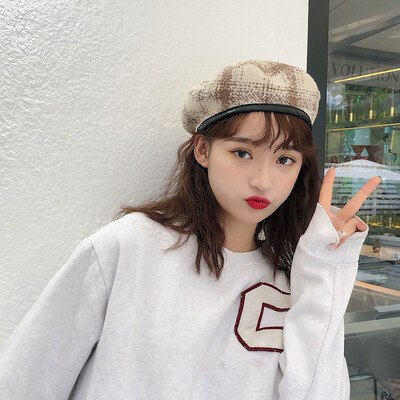 

Hat Female Japanese Restoration Chequered Beret Summer Thin Breathable Painter Hat Lovely Eight-cornered Cap with Soft Girls