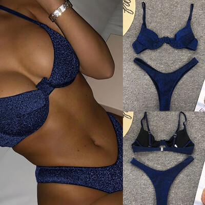 

Saidsome Women Sexy Swimsuit Silver Silk Bikini Set Beachwear