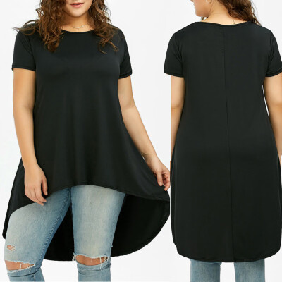 

Roseonmyhand Fashion Women Plus Size Solid O-Neck Short Sleeve Asymmetric T-Shirt Tops