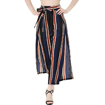 

Women Wide Legs Cropped Pants Side Slit Contrast Striped Print Back Zipper Flared Loose Casual Trousers