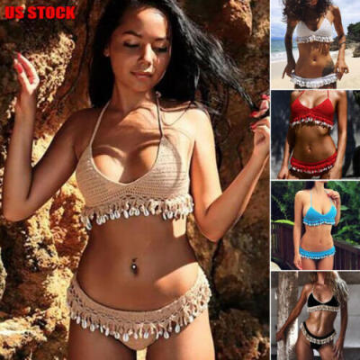 

Womens Summer Sexy Backless Crochet Halter Knit Beach Bikini Set Bra Top Thong