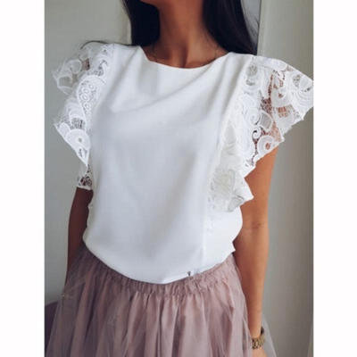 

Fashion Womens White O-neck Hollow Lace Splicing Short-sleeved Casual T Shirt S-XL