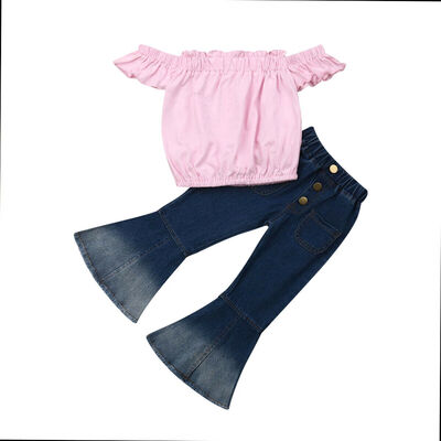 

Newborn Kids Baby Girls Off Shoulder Tops Denim Pants Leggings Outfits Clothes