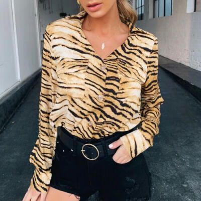 

Fashion Women Leopard Long Sleeve Casual Loose Tops T Shirt Button Blouse Shirts