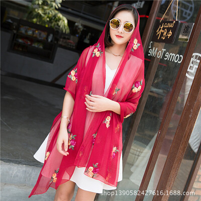 

Factory direct new national wind scarf simulation silk scarf summer thin embroidered silk scarf sunscreen shawl wholesale
