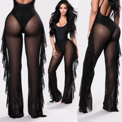 

Women Sexy Beach Mesh Ruffles Sheer Wide Leg Pants Loose Bikini Cover Up