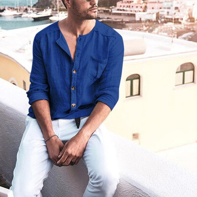 

Toponeto Mens Chest Pocket Solid Color Loose Comfy Long Sleeve Loose Casual Shirt Top