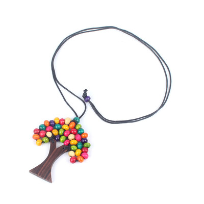 

Leather Chain Necklace Statement Choker Necklaces Tree of Life Rainbow Pendant Wood Beads Women Jewelry New Year Gift