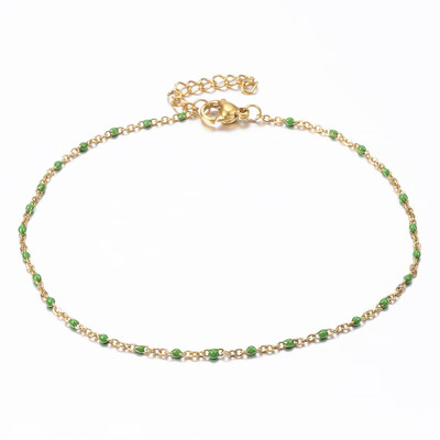

304 Stainless Steel Cable Chain Anklets with Enamel Links Golden LawnGreen 9"23cm 152mm