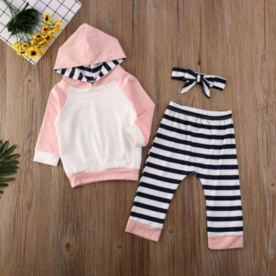 

Newborn Baby Girls Clothes Set Hoodies Tops Stripe Pants Headband Winter Outfits