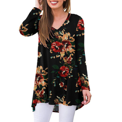 

Tailored Women Casual Floral Print Long Sleeve V-Neck Loose Top T-Shirts Blouse