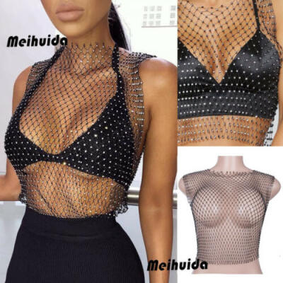 

US Women Sleeveless Mesh Rhinestone Party Cocktail Crop Tops Blouses T-shirts