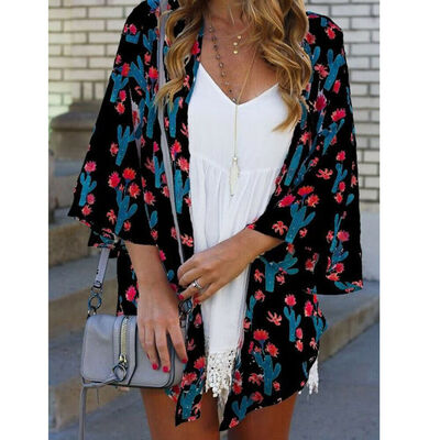 

Women Floral Print Chiffon Loose Shawl Kimono Cardigan Top Cover up Shirt Blouse