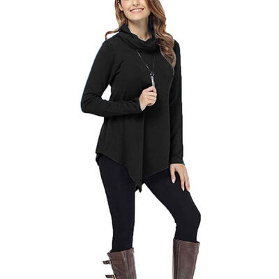 

Autumn Women Casual Loose Piles Collar Solid Color Long Sleeve T-shirt Tops