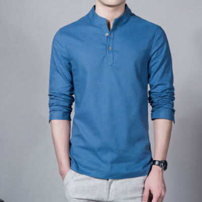 

Mens Summer Cotton Linen T Shirt Tops Casual Loose V Neck Long Sleeve Tee