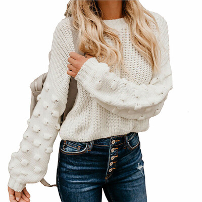 

Women Round Neck Cable Knit Long Loose Lantern Sleeve Solid Sweater Pullover Top