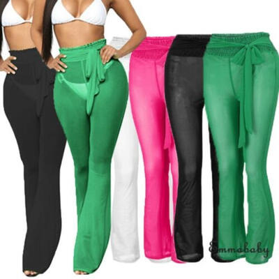 

Women Sexy High Waist See Through Mesh Sheer Summer Beach Long Pants Trousers