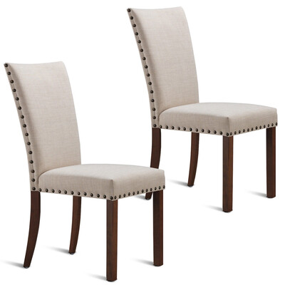 

Set of 2 Armless Fabric Upholstered Nailhead Dining Chairs-Beige