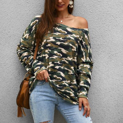 

Women Wild T-Shirt Round Neck Collar Loose Camouflage Printed Long-Sleeved Casual Tops