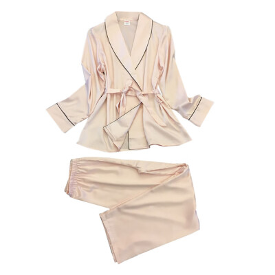 

Toponeto New Women Silk-Like Pajamas Lapel Leisure Silk Household Clothing Sexy Nightgown