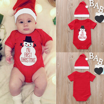 

2PCS Christmas Toddler Baby Cartoon Snowman Letter Print RomperHat Set Outfit