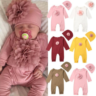 

AU 2PCS Newborn Baby Girl Clothes 3D Floral Romper Jumpsuit Bodysuit Hat Outfit