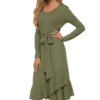 

Long Sleeve Flowy Modest Midi Work Casual Dress With Belt