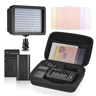 

Andoer 160 LED Video Camera Light Lamp 105W Dimmable 5600K with 2200mAh F550 BatteryCharger3 FilterAdapterPadded Bag for Cano
