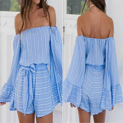 

Starmoon Fashion Womens Summer Sexy Stripe Print Casual Long Sleeve Strapless Jumpsuits