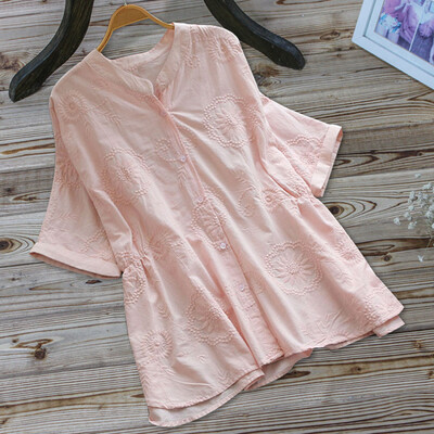 

Starmoon Women Vintage Embroidery Casual Short Sleeve Button Linen Top T-Shirt Blouse