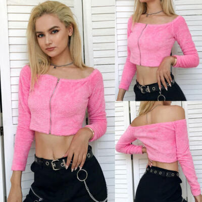 

Womens Fluffy Sweater Jumper Long Sleeve Sweatshirt Zipper Blouse Crop Tops UK