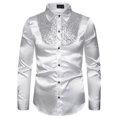 

Formal Men Slim Ball Wedding Silk-Like Satin Long Sleeve Dress ShirtsTOPS -XXL