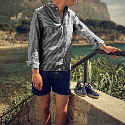 

Toponeto Mens Casual Linen Button Simple Long Sleeve Stripe Loose T Shirt Blouse Top